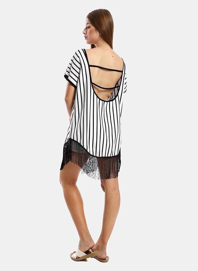 kady Jamila women deep open back striped tunic with decorated fringes ,white*black-xxl - Image 3