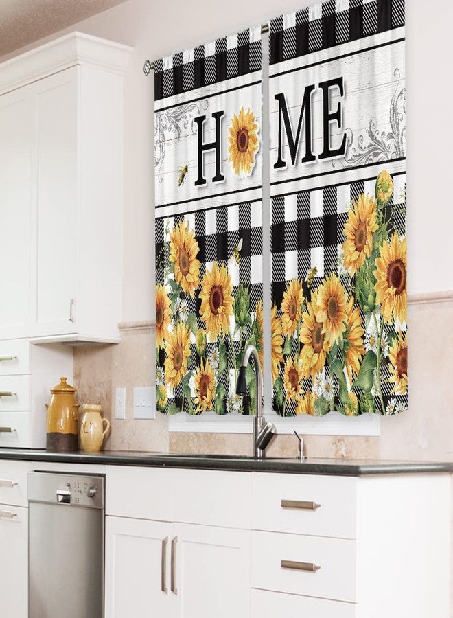 Cinbloo Rustic Sunflower Kitchen Curtains 27.5Wx39H Inch Rod Pocket Farmhouse Flower Buffalo Plaid Yellow Floral Country Plant Botanical Spring Black White Small Bedroom Window Drapes Fabric 2 Panels - Image 3