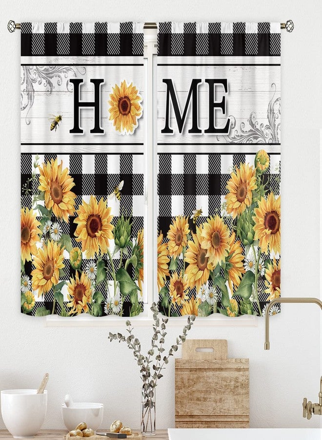 Cinbloo Rustic Sunflower Kitchen Curtains 27.5Wx39H Inch Rod Pocket Farmhouse Flower Buffalo Plaid Yellow Floral Country Plant Botanical Spring Black White Small Bedroom Window Drapes Fabric 2 Panels - Image 1