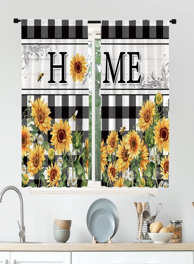 Cinbloo Rustic Sunflower Kitchen Curtains 27.5Wx39H Inch Rod Pocket Farmhouse Flower Buffalo Plaid Yellow Floral Country Plant Botanical Spring Black White Small Bedroom Window Drapes Fabric 2 Panels - Image 2