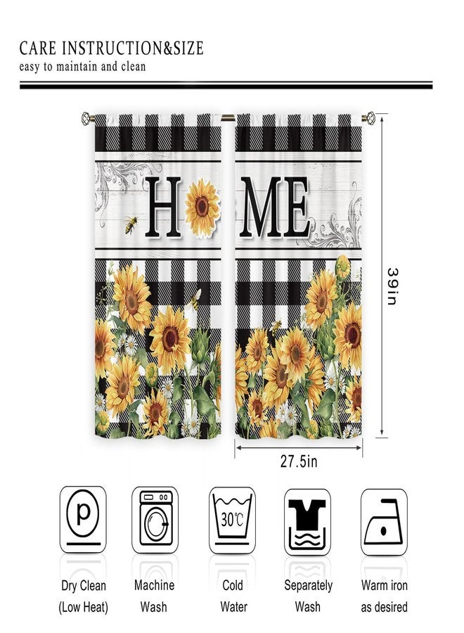 Cinbloo Rustic Sunflower Kitchen Curtains 27.5Wx39H Inch Rod Pocket Farmhouse Flower Buffalo Plaid Yellow Floral Country Plant Botanical Spring Black White Small Bedroom Window Drapes Fabric 2 Panels - Image 5