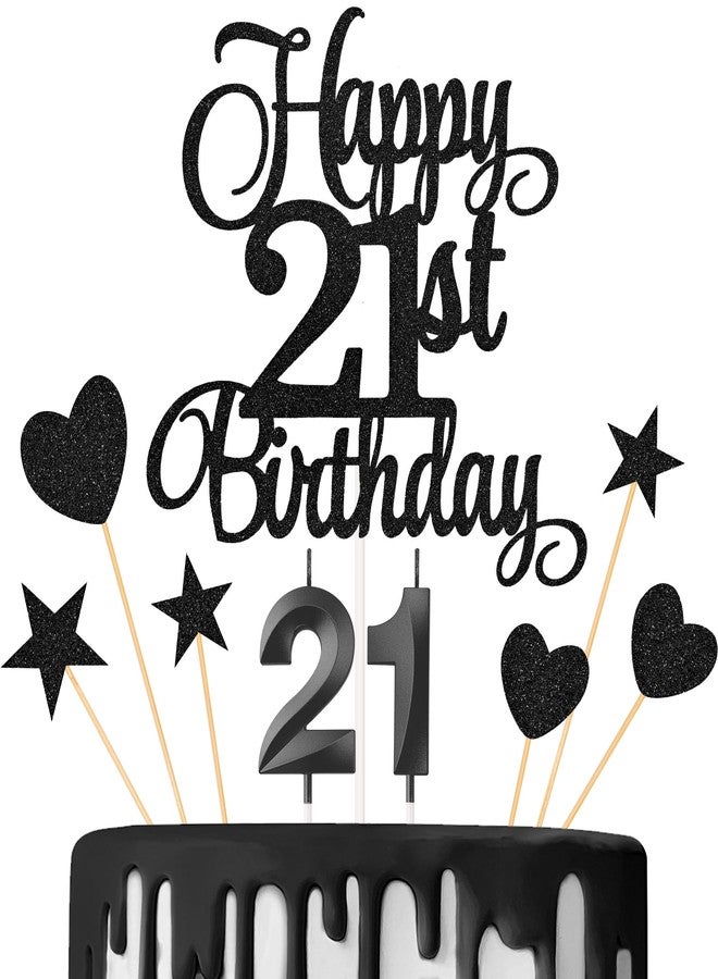 Lecferrarc 21st Birthday Cake Toppers, 21st Birthday Candles Numeral Candles and Glitter Cake Decorations Toppers Set for Party Supplies (Black) - Image 1