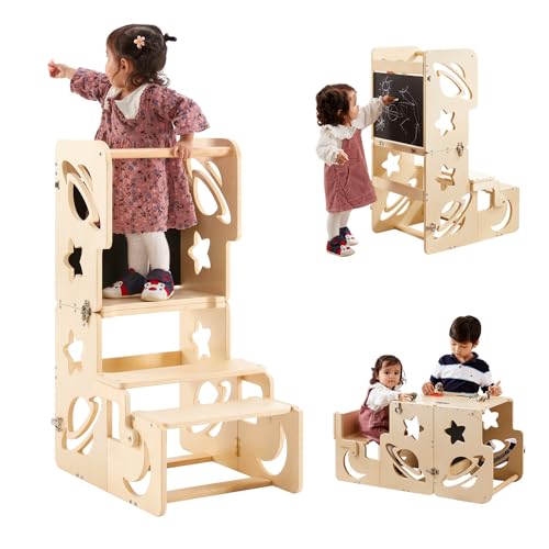 DGD Toddler Tower, Toddler Stool for Kitchen, Kids Learning Wooden Tower, Foldable Weaning Table with Kids Step Stool, Montessori Standing Tower for Bathroom and Kitchen Counter - Image 1