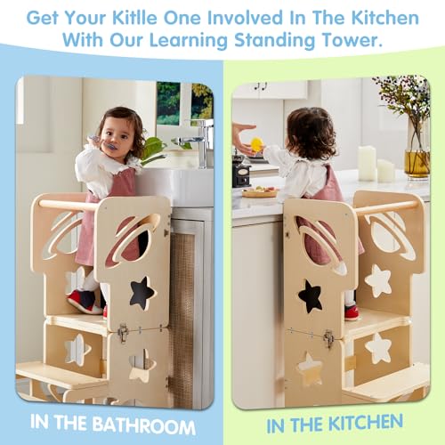 DGD Toddler Tower, Toddler Stool for Kitchen, Kids Learning Wooden Tower, Foldable Weaning Table with Kids Step Stool, Montessori Standing Tower for Bathroom and Kitchen Counter - Image 4