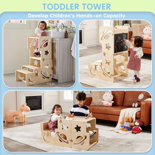DGD Toddler Tower, Toddler Stool for Kitchen, Kids Learning Wooden Tower, Foldable Weaning Table with Kids Step Stool, Montessori Standing Tower for Bathroom and Kitchen Counter - Image 2