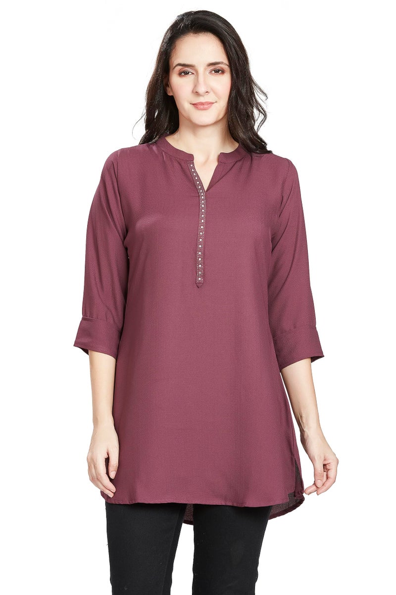 nioni Women's Straight Short Kurti -Tunic, 3/4 Sleeves, Manderian Collar, Hip Length, for Woman & Girl (10783_Wine_S) - Image 1