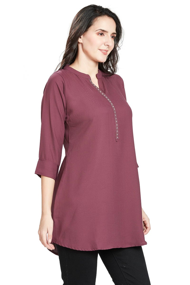 nioni Women's Straight Short Kurti -Tunic, 3/4 Sleeves, Manderian Collar, Hip Length, for Woman & Girl (10783_Wine_S) - Image 3