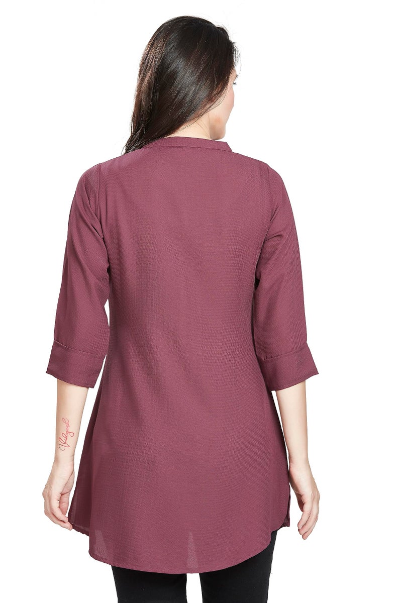 nioni Women's Straight Short Kurti -Tunic, 3/4 Sleeves, Manderian Collar, Hip Length, for Woman & Girl (10783_Wine_S) - Image 5