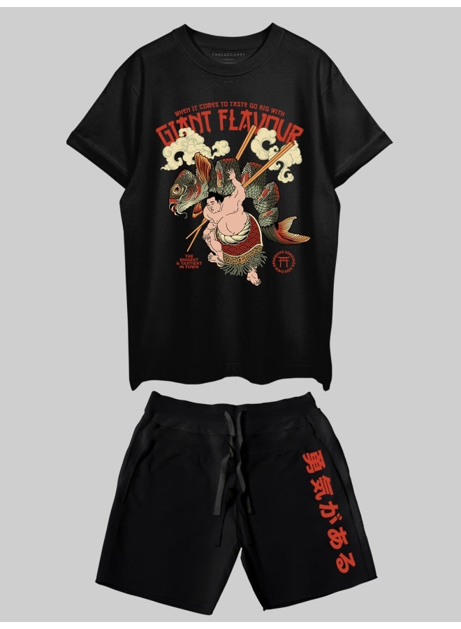 THREADCURRY THREADCURRY Fish Fight Printed Co-ord Set for Men - Half Sleeve Oversized T-Shirt and Shorts  - Image 1