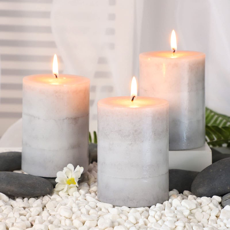 Immeiscent Gray Pillar Candles Cozy Cotton Scented Set of 3 Mottled 3 Layers HandPoured Classic Emergency Candle Aromatherapy Candles for Weddings Home Decorations Spa Restaurant 3X4