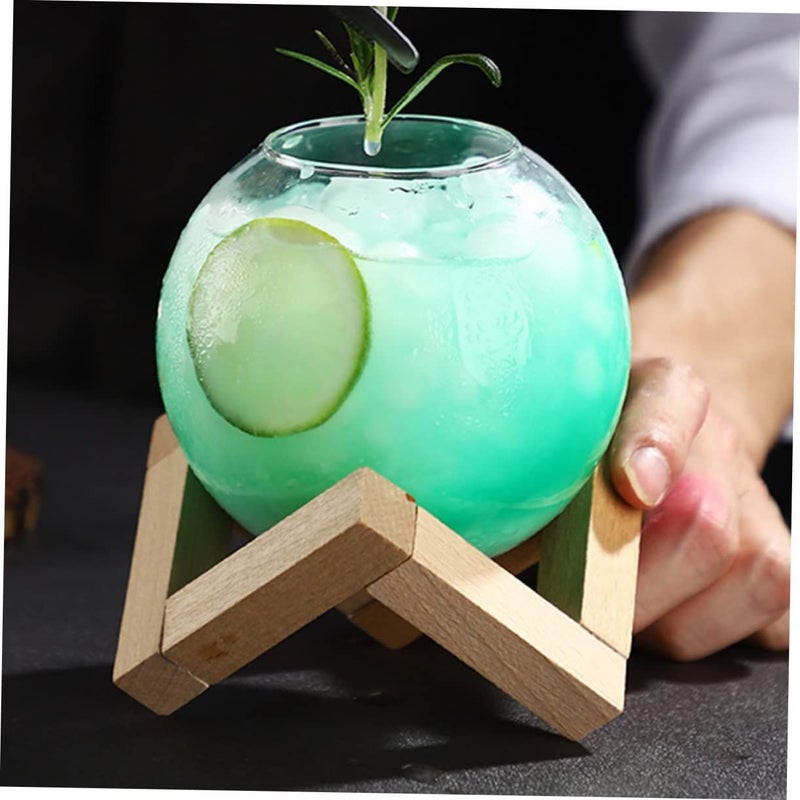 Cabilock Creative Moon Shaped Glass Cocktail Cup With Wooden Stand Round Cup For Beverages Party And Home Bar - Image 5