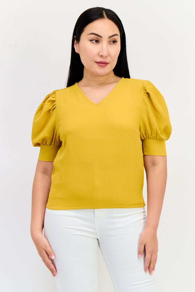 ONLY Women V Neck Short Sleeve Solid Blouse, Gold  - Image 1