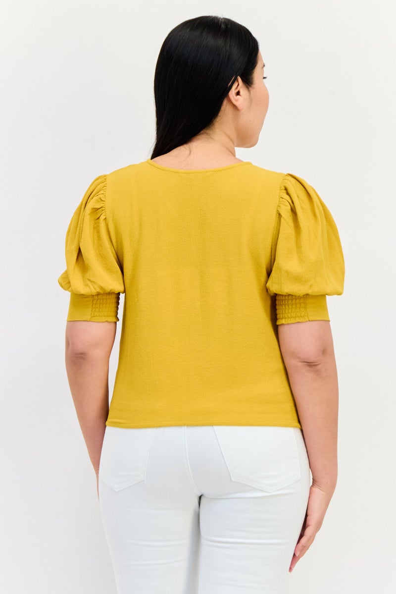 ONLY Women V Neck Short Sleeve Solid Blouse, Gold  - Image 2