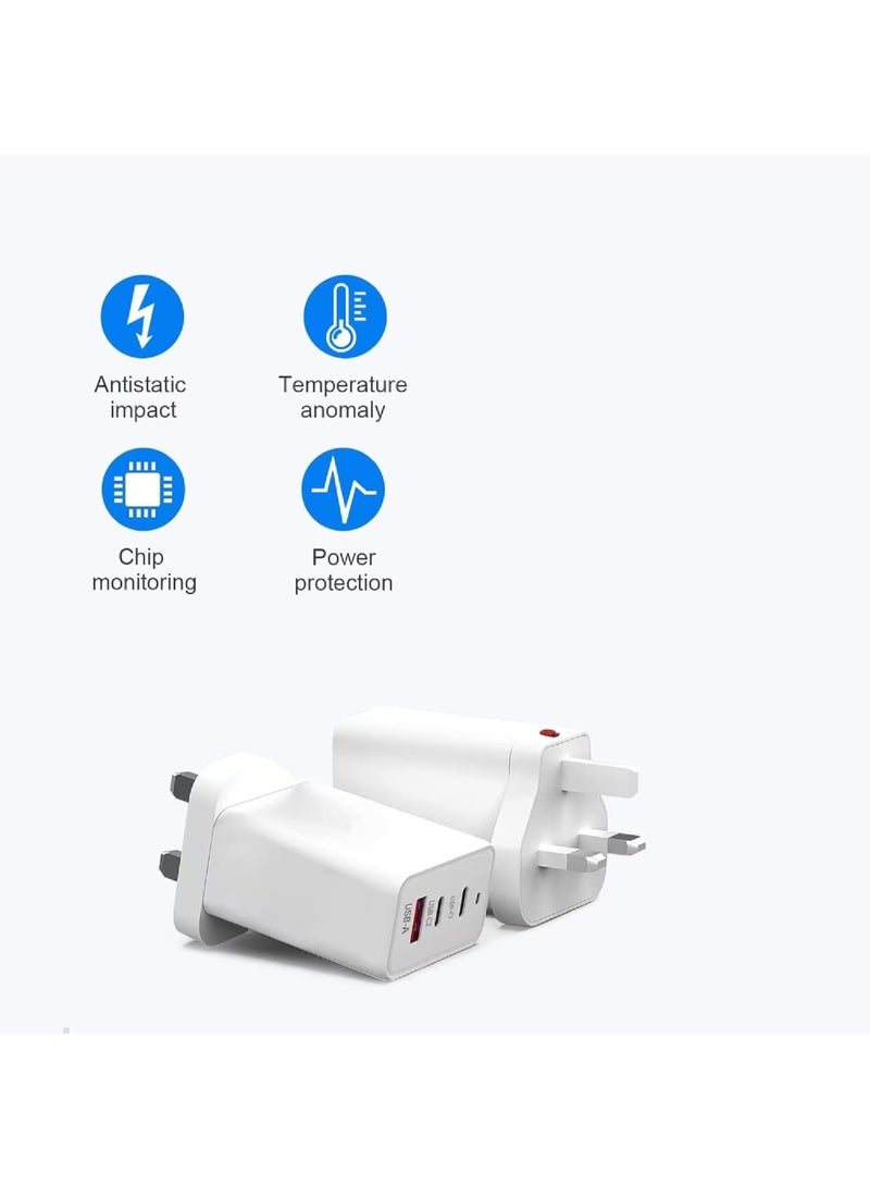 65W GaN USB-C Fast Charger (3-Port PD) - Compact Power Adapter with Cable for MacBook, iPad Air, Samsung Galaxy, Pixel & More