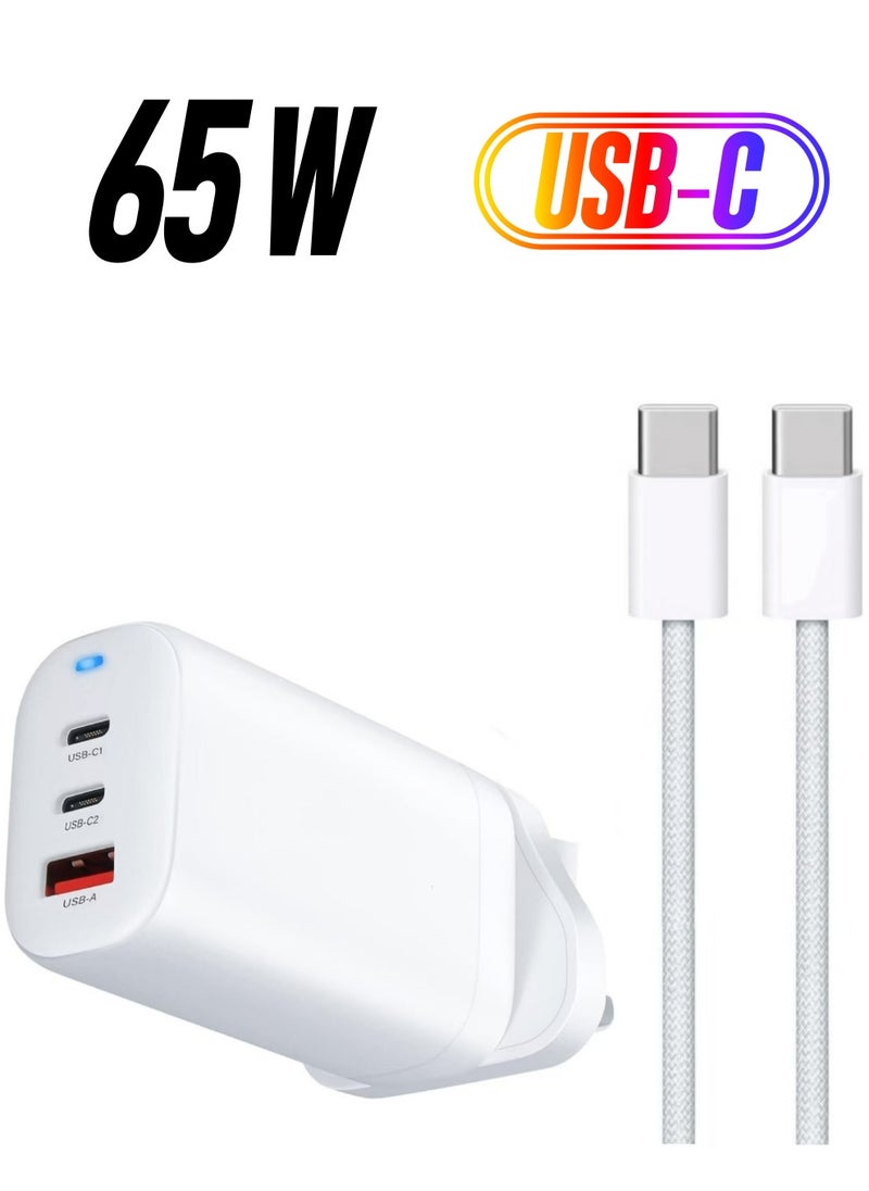 Captaintech 65W GaN USB-C Fast Charger (3-Port PD) - Compact Power Adapter with Cable for MacBook, iPad Air, Samsung Galaxy, Pixel & More  - Image 1