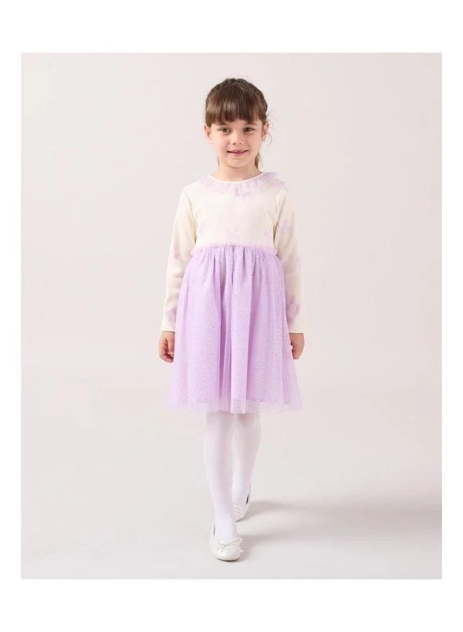 Magu Girls’ Cotton Ecru Lilac Star Patterned Tulle Skirt Dress Set – Long Sleeves.