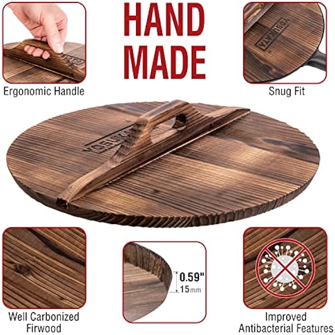 YOSUKATA Cast Iron Wok Cover  Premium Wok Cover 34 Cm Pan Lid  Wooden Pan Lid With Ergonomic Handle  CondensateFree 34 Cm Lid  Durable Accessories For Genuine Asian Cooking - Image 3