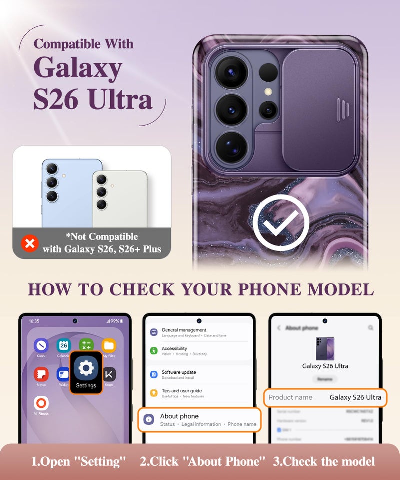 GVIEWIN for Samsung Galaxy S26 Ultra Case, [Slide Camera Cover & Built-in HD Screen Protector] [2 Front Frames] Shockproof Military Grade Protective Marble Phone Case S26 Ultra 6.9" (Quicksand/Purple) - Image 2
