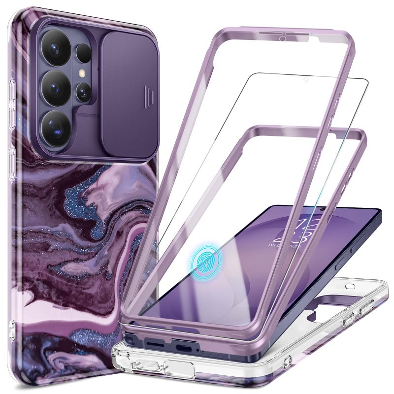 GVIEWIN for Samsung Galaxy S26 Ultra Case, [Slide Camera Cover & Built-in HD Screen Protector] [2 Front Frames] Shockproof Military Grade Protective Marble Phone Case S26 Ultra 6.9" (Quicksand/Purple) - Image 1