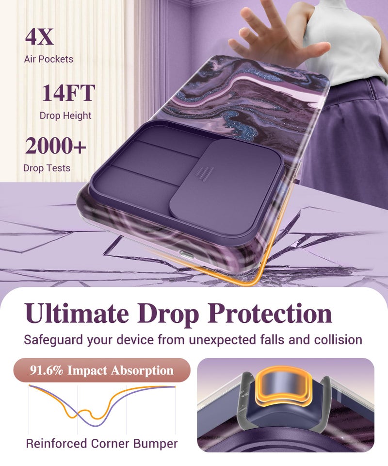 GVIEWIN for Samsung Galaxy S26 Ultra Case, [Slide Camera Cover & Built-in HD Screen Protector] [2 Front Frames] Shockproof Military Grade Protective Marble Phone Case S26 Ultra 6.9" (Quicksand/Purple) - Image 4