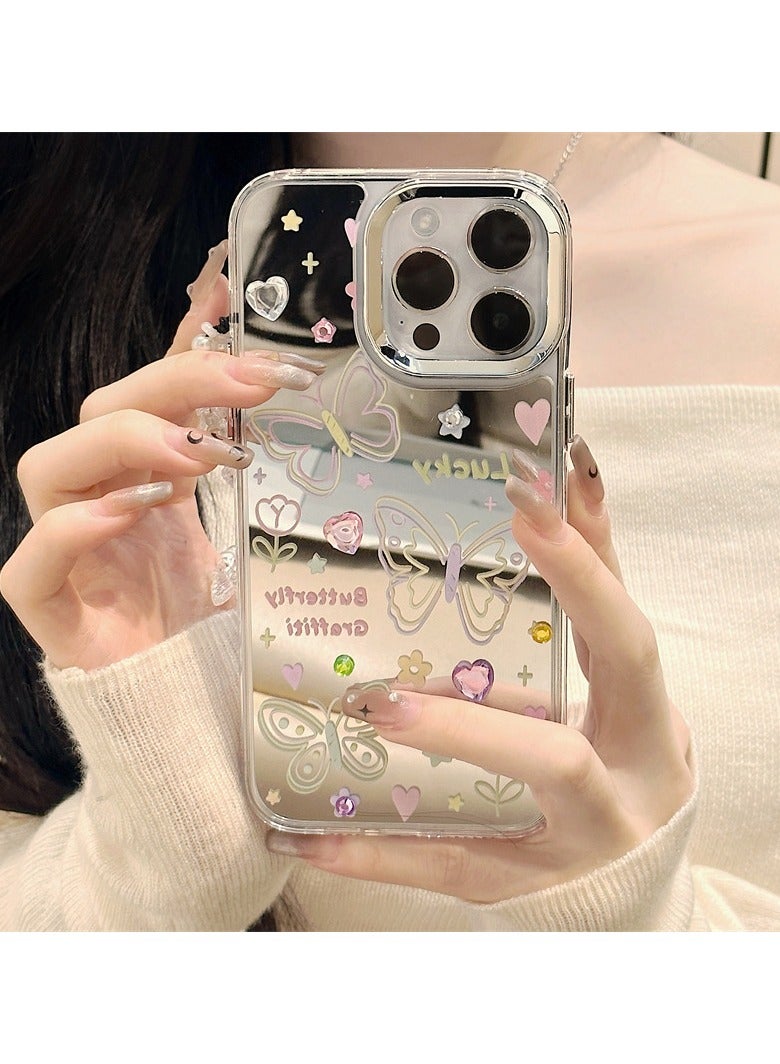 متوافق مع جرابات iPhone 15 Pro Max، جرابات بنمط الفراشة، جرابات المرآة، حماية من السقوط من مادة TPU - مع حزام - Image 3