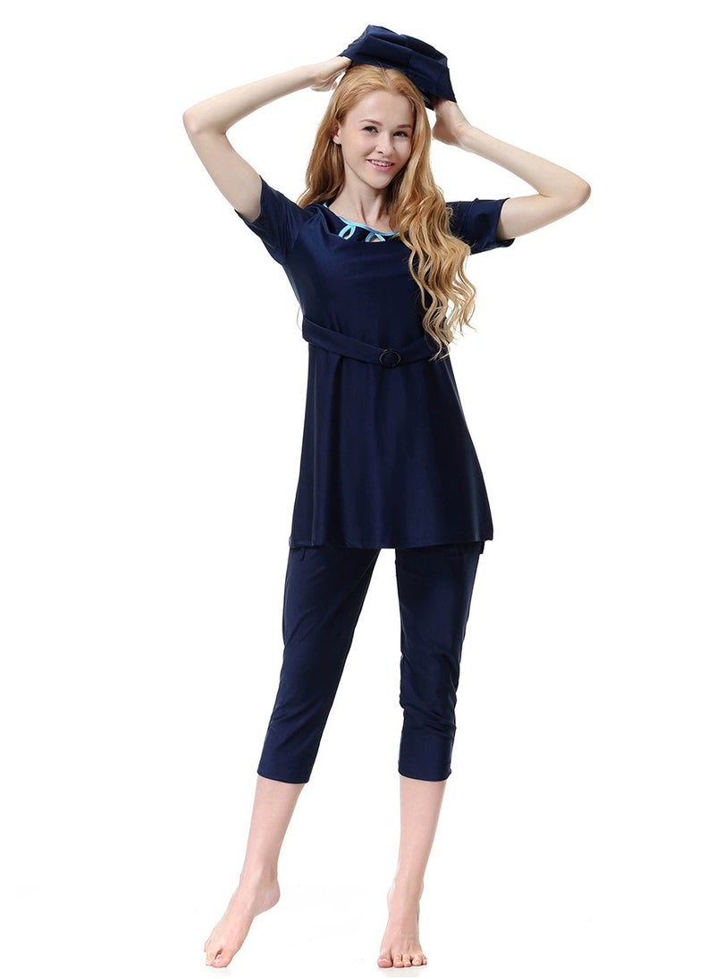 Loquat - 3-Piece Short Sleeves Conservative Muslim Conservative Islamic Swimming Swimwear Burkini Set Nave Blue - Image 1