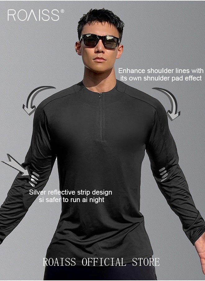 roaiss - Men Quick Dry and Breathable Round Neck Sweatshirt with Quarter Zip Long Sleeve Athletic Shirts Slim Fit Top for Running Basketball Workout Gym - Image 1