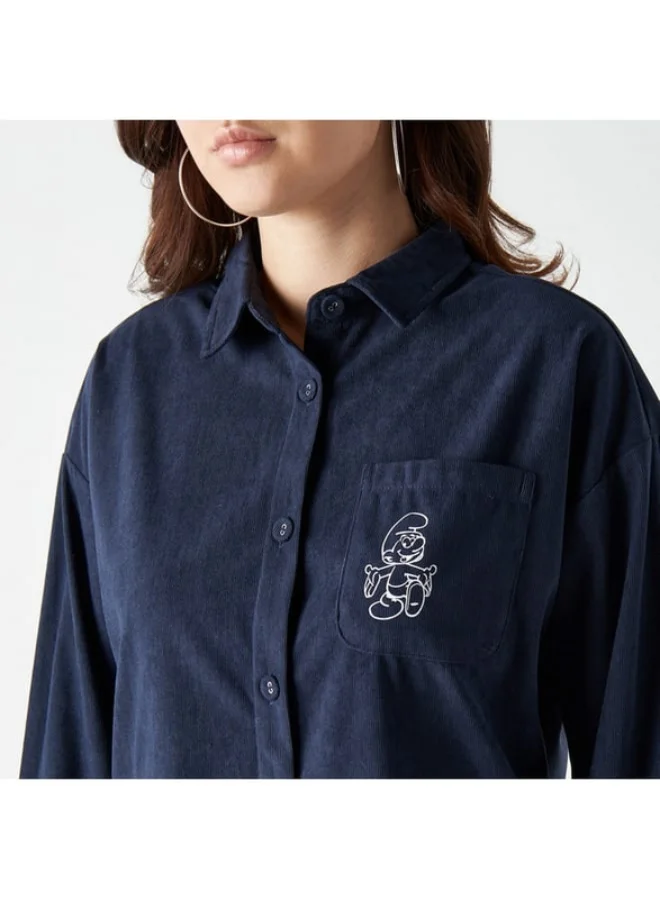 SP Characters Smurfs Print Shirt with Pocket and Long Sleeves