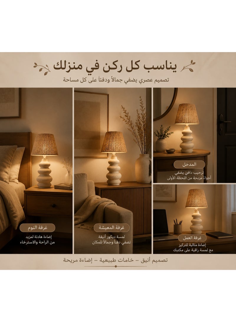 كالدا أباجورة مكتب سيراميك مصنوعة يدوياً من "كالدا سبين" – تصميم منحوت ثلاثي الطبقات – فخار طبيعي 100% مع شابوه خيش ريفي – إضاءة دافئة فاخرة لغرفة المعيشة، غرفة النوم، والمكتب - Image 3