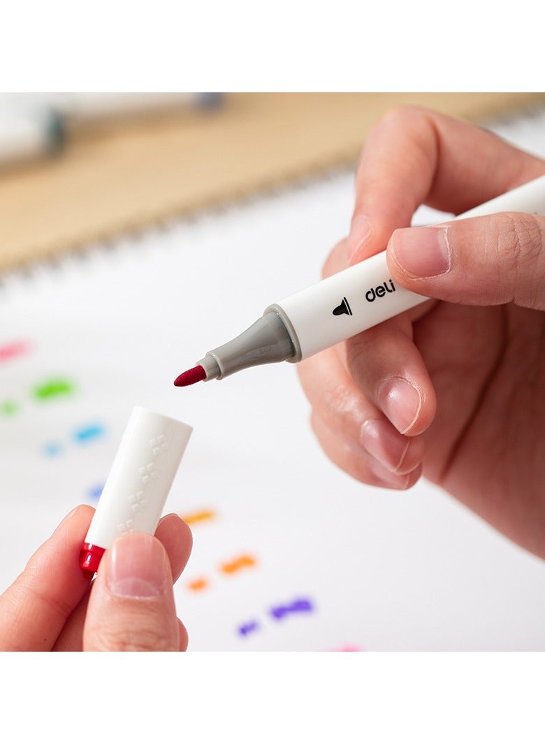 Deli EC187-48 Sketch Marker, 48-Color Dual Tip Markers Set – 1mm Conical Tip & 5mm Chisel Tip, Fast-Drying, Blendable, Washable Ink, Ideal for Artists, Designers, and Students – Comes with Portable Storage Case.