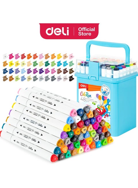 Deli EC187-48 Sketch Marker, 48-Color Dual Tip Markers Set – 1mm Conical Tip & 5mm Chisel Tip, Fast-Drying, Blendable, Washable Ink, Ideal for Artists, Designers, and Students – Comes with Portable Storage Case.