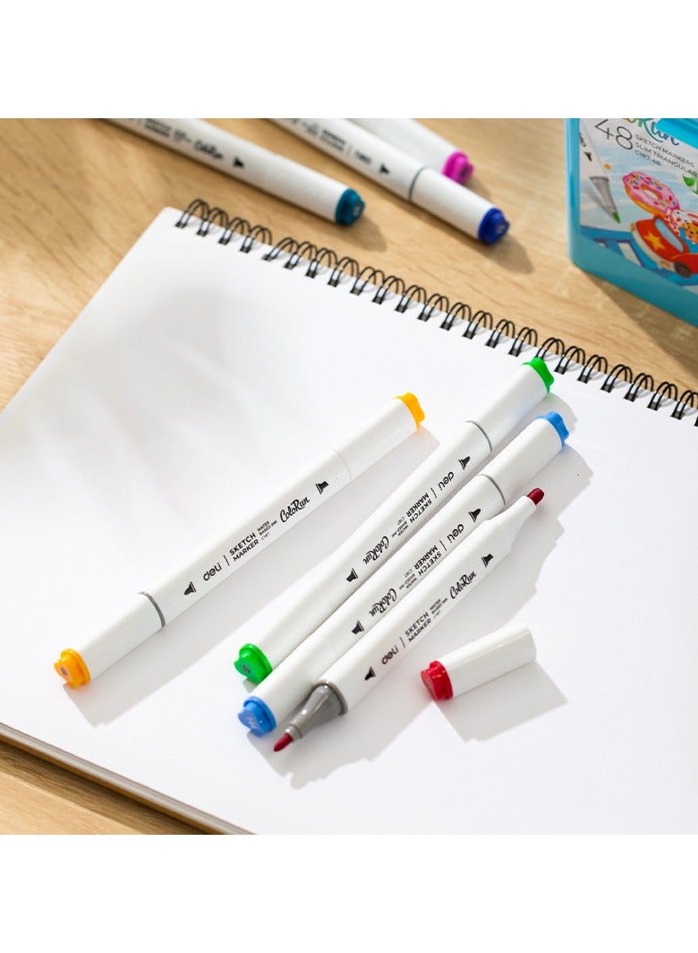 Deli EC187-48 Sketch Marker, 48-Color Dual Tip Markers Set – 1mm Conical Tip & 5mm Chisel Tip, Fast-Drying, Blendable, Washable Ink, Ideal for Artists, Designers, and Students – Comes with Portable Storage Case.