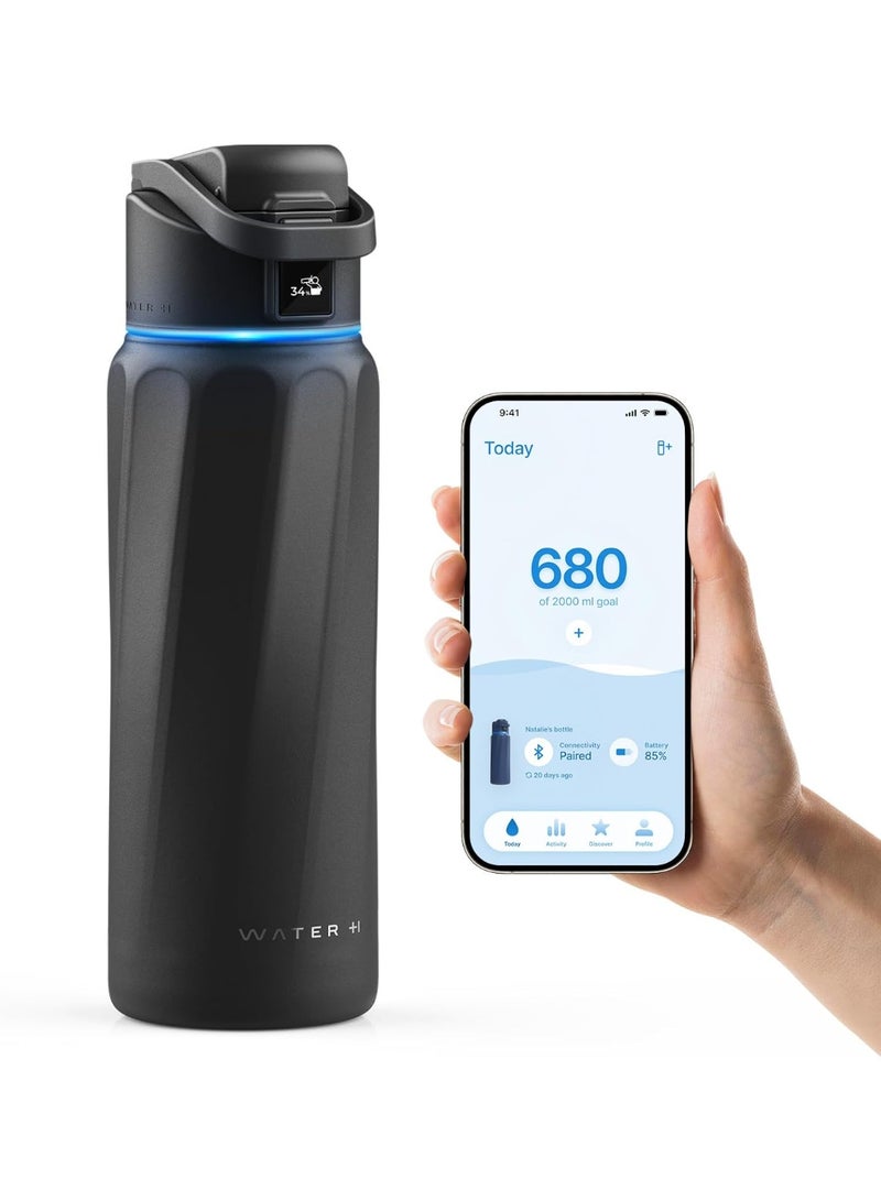 ووتر اتش زجاجة WATERH BOOST الذكية مع تذكير للشرب وتتبع الاستهلاك – زجاجة معزولة بتقنية الجدار المزدوج من الفولاذ المقاوم للصدأ، بفوهة عريضة وسعة 32 أونصة، مثالية كهدية (باللون الأسود). - Image 1