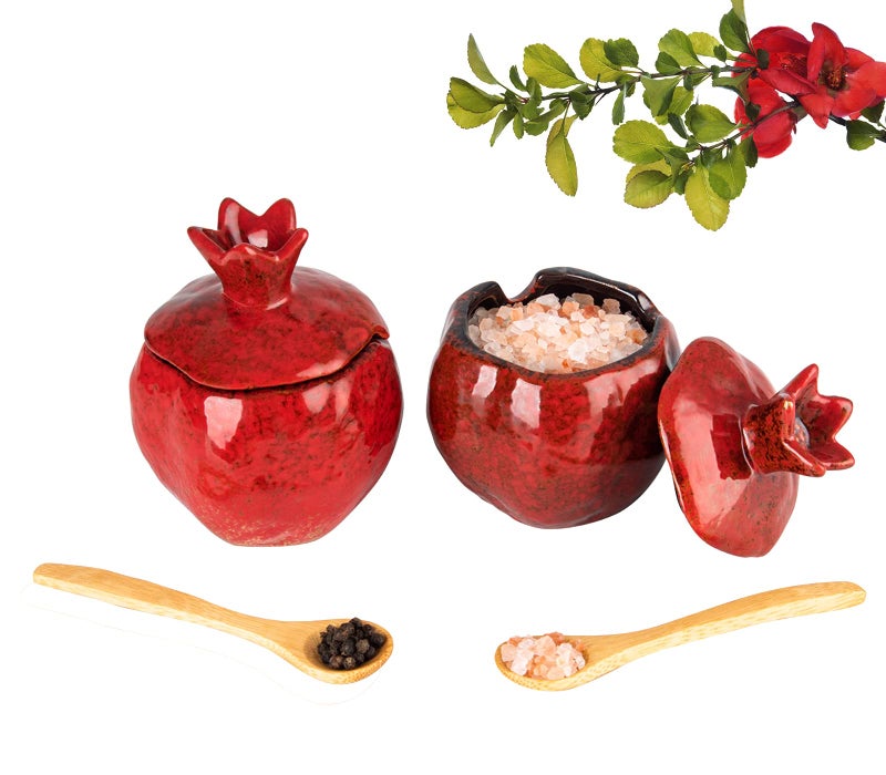 GABROC Salt Cellar 2 PCS Ceramic Pomegranate Shaped Salt Bowl With Lid and Spoon - Image 1
