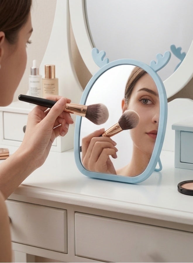 Happy Home Magnifying Makeup Mirror with Adjustable Stand – Cartoon Shaped Vanity Countertop Mirror for Bathroom Dressing Table Barber and Beauty Salon Use – Natural Reflection Cosmetic Mirror for Precise Makeup Skincare Hair Styling Portable and Lightweight Design for Daily Use – 15×13 CM -Light Blue - Image 1