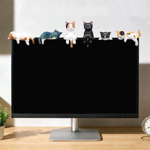 Qiwen 6 Pcs Cat Car Decor Dashboard Accessories, Mini Cat Figurines Cute Car Rear View Mirror Gifts for Office Car Home Decor, Funny Computer Monitor Desk Decorations for Women Girl - Image 4