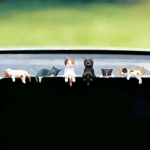 Qiwen 6 Pcs Cat Car Decor Dashboard Accessories, Mini Cat Figurines Cute Car Rear View Mirror Gifts for Office Car Home Decor, Funny Computer Monitor Desk Decorations for Women Girl - Image 1