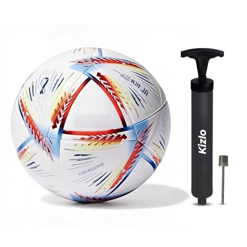 Kizlo Official Size 5 Football with Pump & Pin | PU Leather Training Soccer Ball for Ground, Turf & Street Play | High Grip & Air Retention for Kids, Youth & Adults | Multicolor Qatar Edition - Image 1