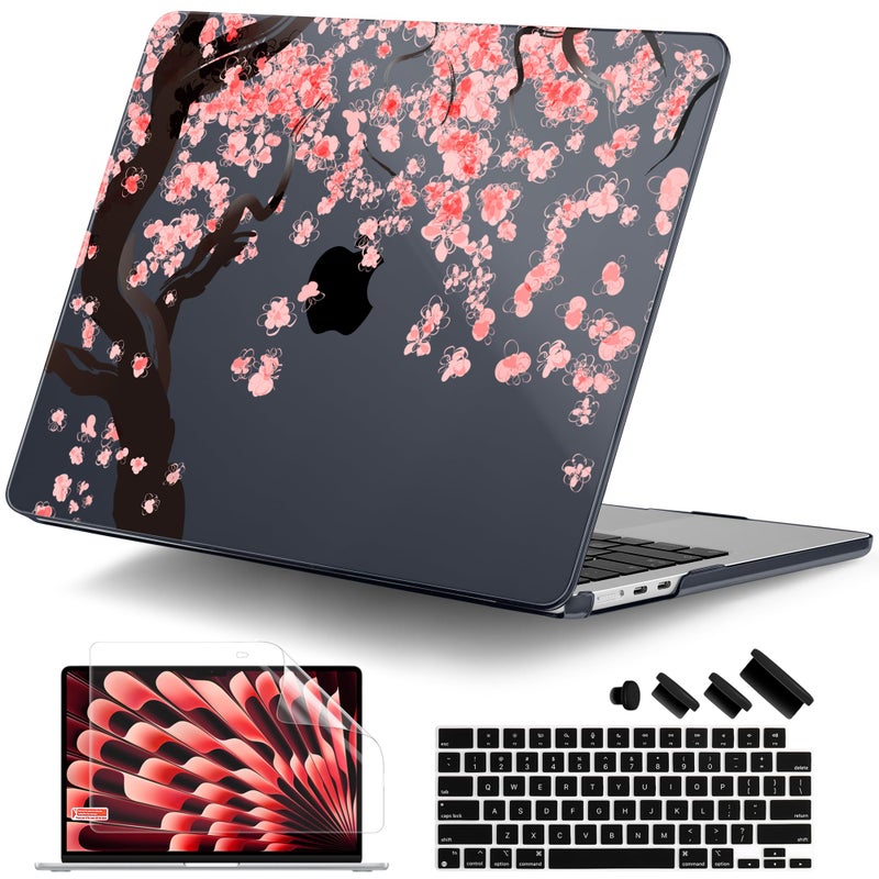 DONGKE Compatible with M4 MacBook Air 15 inch Case 2025 2024 2023 A3241 A3114 A2941 M3 M2 Liquid Retina Display Touch ID Plastic Hard Case Keyboard Skin Screen Protector Cherry Blossoms