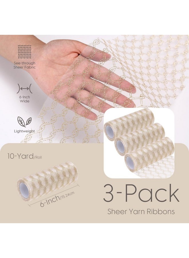 Sea Team 6-Inch-Wide Sheer Glitter Yarn Ribbon, Decorative Mesh Ribbon For Christmas Trees, Wreaths, Garlands, Art Crafts, Bouquets, Seasonal Decorations (3-Pack, 10-Yard/Pack, Champagne)  - Image 1