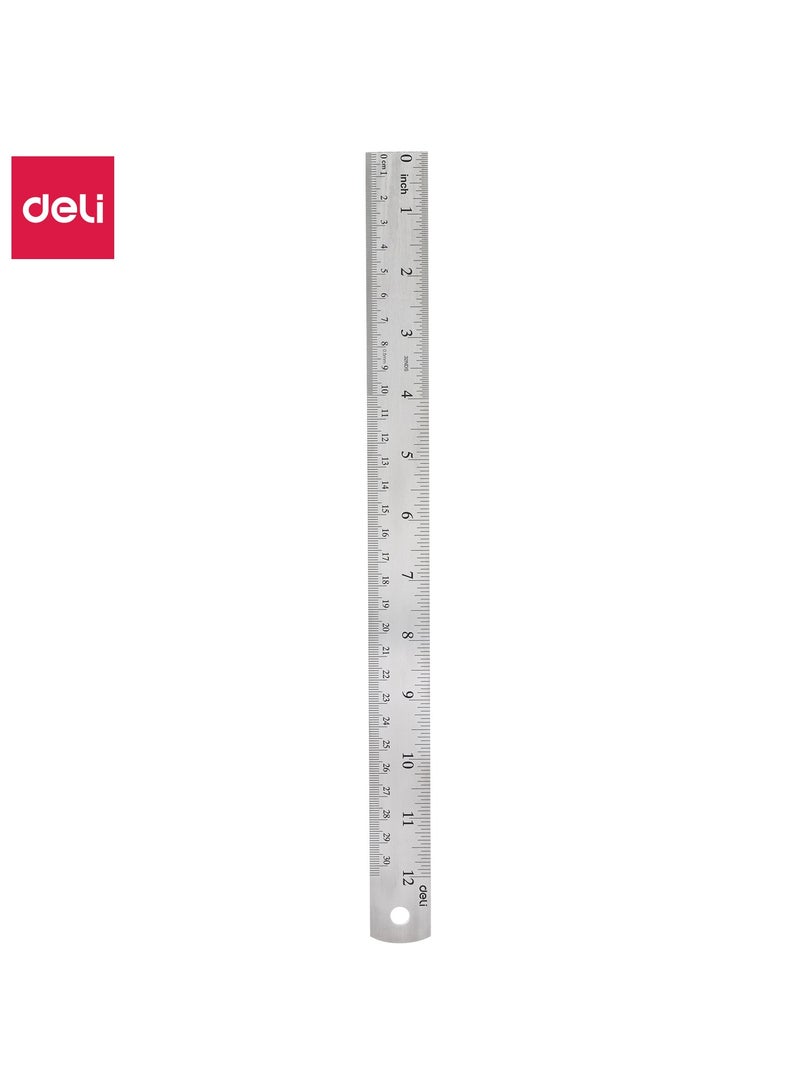 Deli E8463 Steel Ruler, 30cm (12 Inch) with Metric and Inch Graduation Silver – Ideal for Precision Measuring Tasks - Image 1