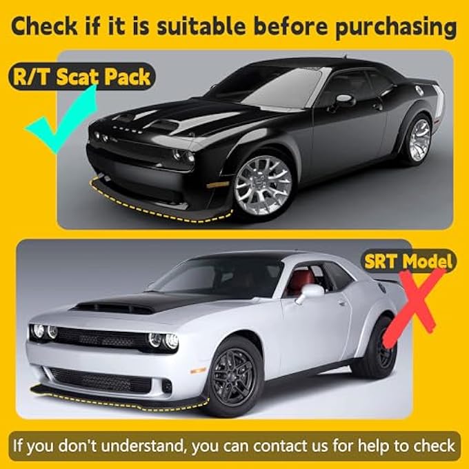 TENGBASE Front Bumper Lip Splitter Cover, for 2015-2023 Dodge Challenger, R/T GT SRT, 2PCS, Yellow - Image 2