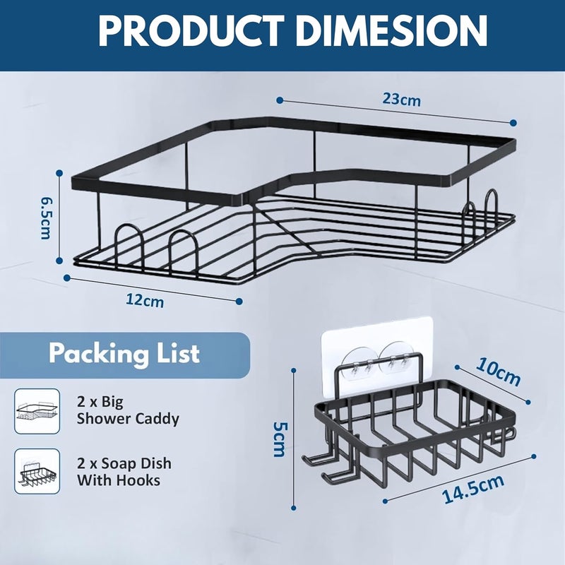 Boniry Wall-Mounted Bathroom Organizer 4 in 1 Set | Corner Shelf with Soap Holder | No-Drill Adhesive Bathroom Rack Set for Bathroom, Kitchen (Matte Black) - Image 2