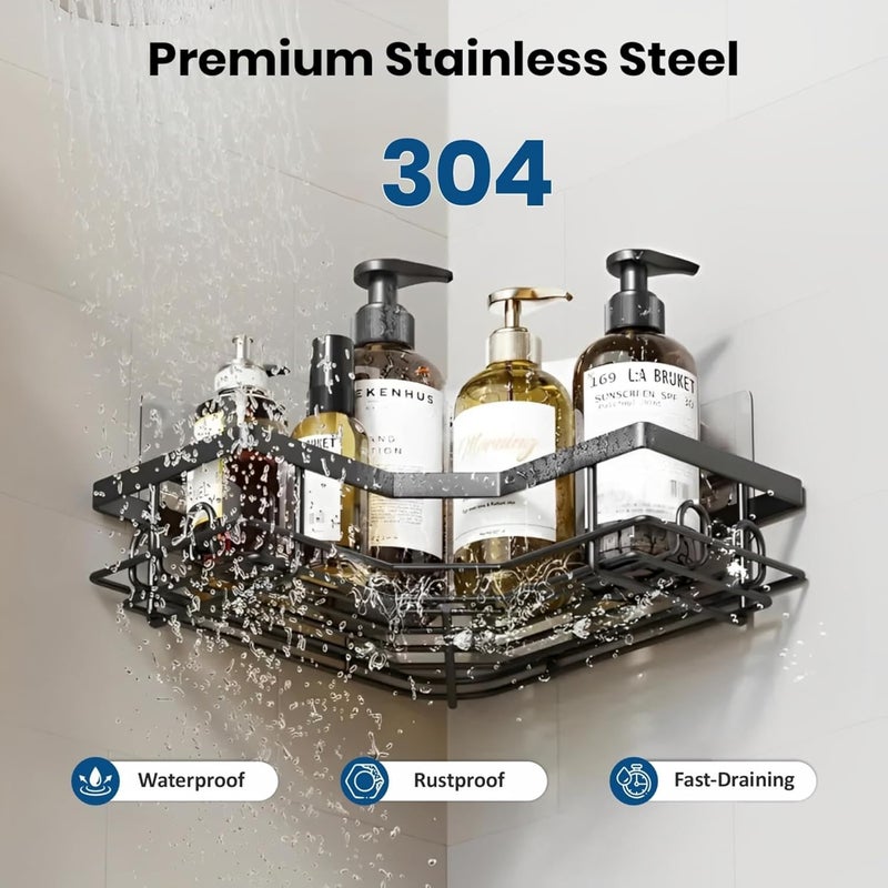 Boniry Wall-Mounted Bathroom Organizer 4 in 1 Set | Corner Shelf with Soap Holder | No-Drill Adhesive Bathroom Rack Set for Bathroom, Kitchen (Matte Black) - Image 4