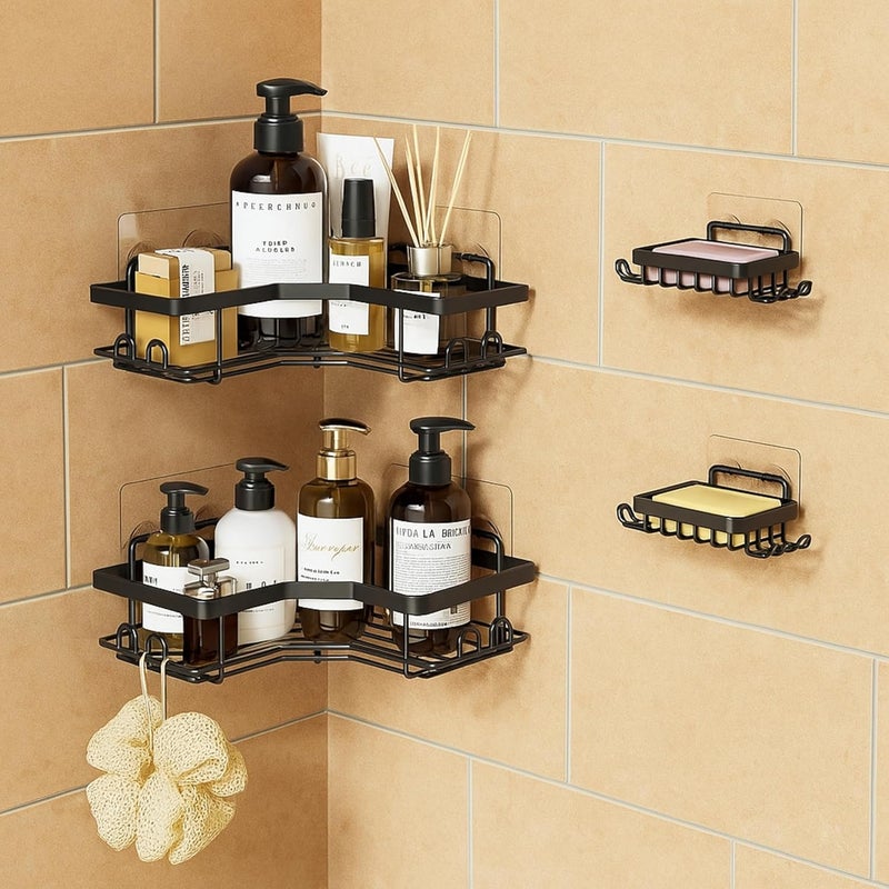 Boniry Wall-Mounted Bathroom Organizer 4 in 1 Set | Corner Shelf with Soap Holder | No-Drill Adhesive Bathroom Rack Set for Bathroom, Kitchen (Matte Black) - Image 1