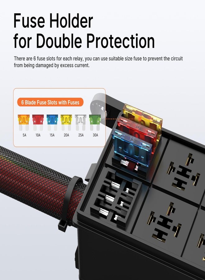 DAIERTEK صندوق مرحل دايرتيك 12 فولت 6 طرق 12 AWG موصل مسبقًا صندوق مرحل مقاوم للماء 6 فتحة كتلة مرحل ATC/ATO لوحة مرحل عالمية للسيارات البحرية القوارب - Image 4