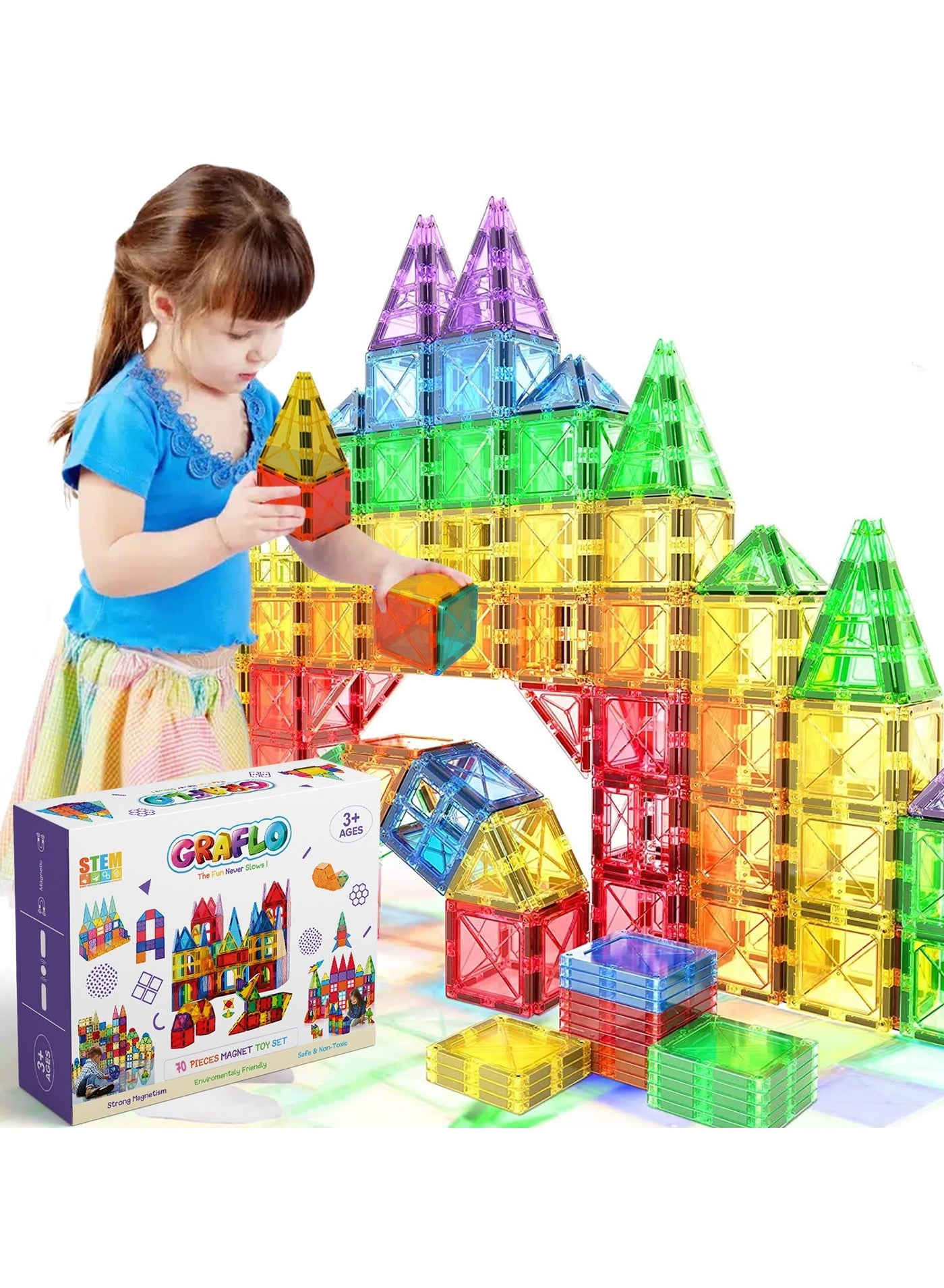 Magnetic Building Tiles 70 Pcs Set of Vibrant 3D Blocks, Encourages Creative Construction, Promotes Educational Brain Development, Stimulates Imagination, STEM Toy for Kids 3+ Years