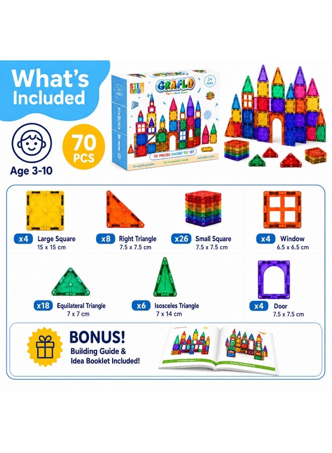 GRAFLO Magnetic Tiles 70 Pcs Building & Construction Set Vibrant 3D Building Toys - Magnetic Tiles for Kids - STEM Toy - Magnet Puzzles Stacking Blocks for Boys Girls - Ages 3-10 - Image 3