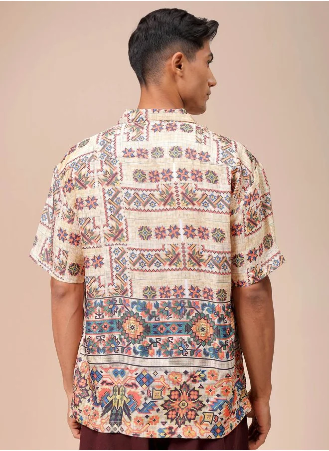 The Indian Garage Co Men Relaxed Fit Indie Printed Half Sleeves Cuban Collar Resort Wear Shirt