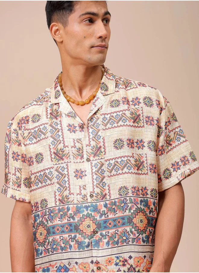 The Indian Garage Co Men Relaxed Fit Indie Printed Half Sleeves Cuban Collar Resort Wear Shirt
